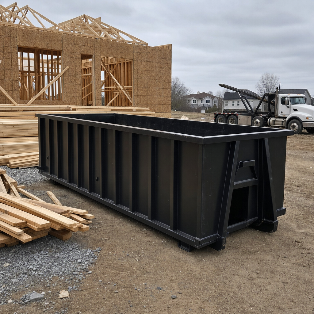 Matte-black 40-yard roll-off dumpster staged on a framed-out residential construction site in Battle Creek, framing lumber stacked nearby, hooklift delivery truck visible in the background under bright Colorado daylight