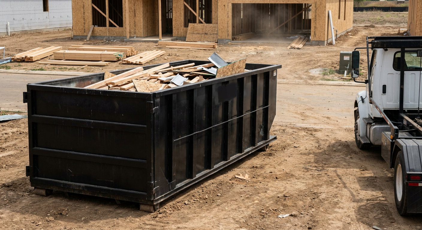 Matte-black 20-yard roll-off construction dumpster with heavy ribbed steel sidewalls and swing rear doors at a working jobsite in Battle Creek, sitting directly on compacted dirt with an unmarked white hauler partially visible at the far edge of the frame.