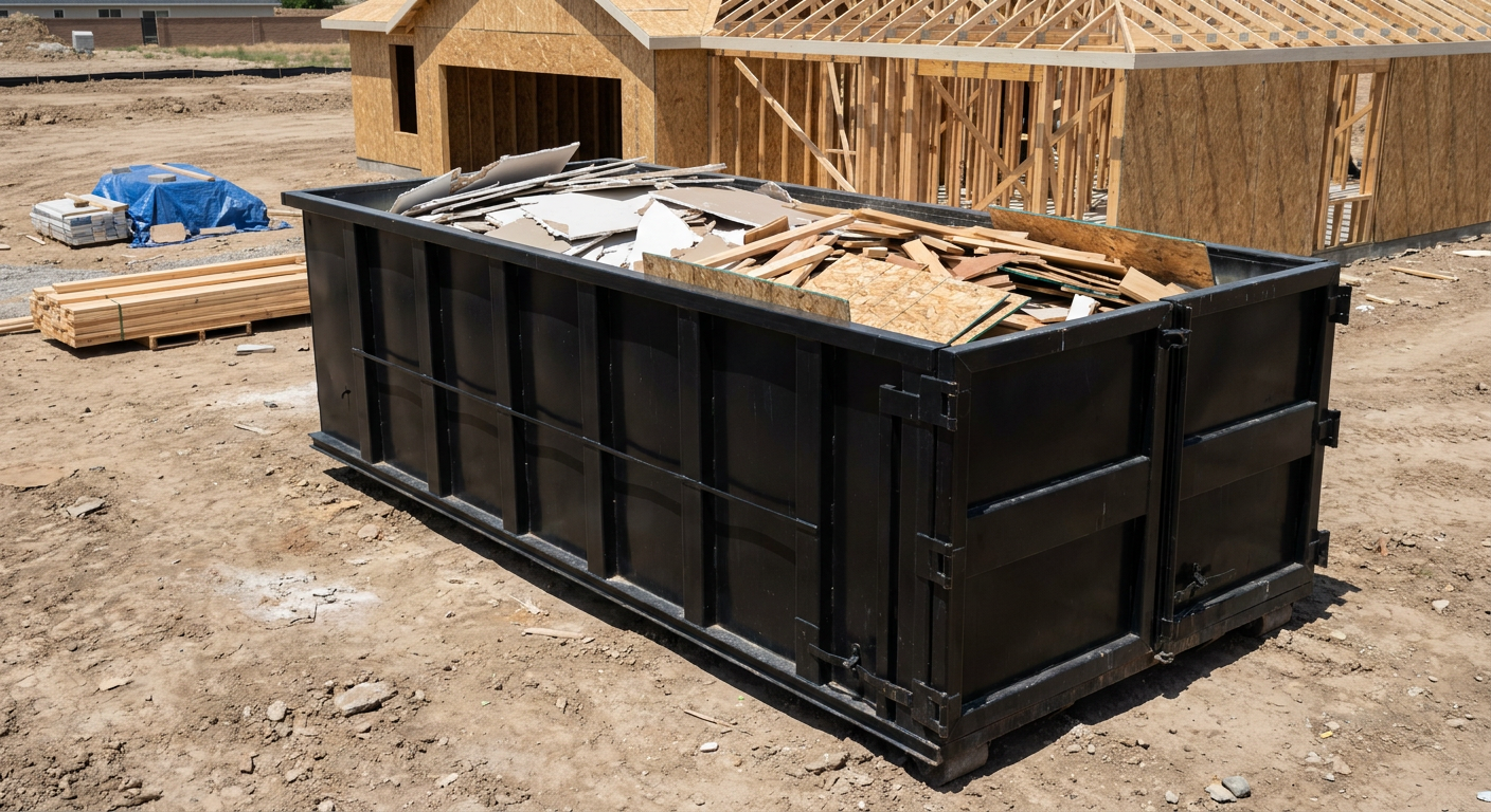Matte-black 30-yard roll-off construction dumpster sitting directly on the compacted-dirt site of a framed single-family home build in Battle Creek, drywall and lumber scrap loaded inside.