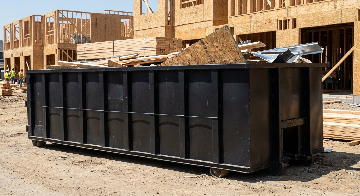 Matte-black 40-yard roll-off construction dumpster being lowered from a white-cab hooklift delivery truck onto the compacted-dirt jobsite at a commercial build site in Battle Creek