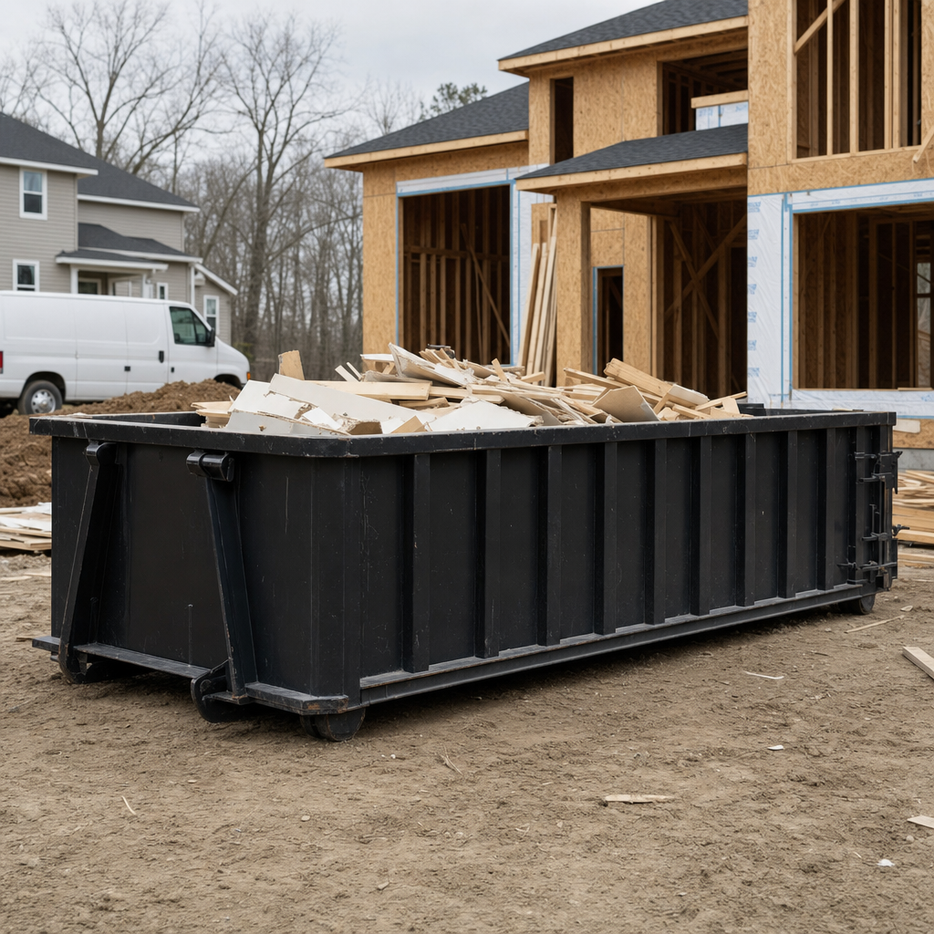 Worker in a yellow high-visibility vest tossing framing lumber and broken drywall into a matte-black 30-yard construction roll-off dumpster on an active build site in Battle Creek, bright daylight