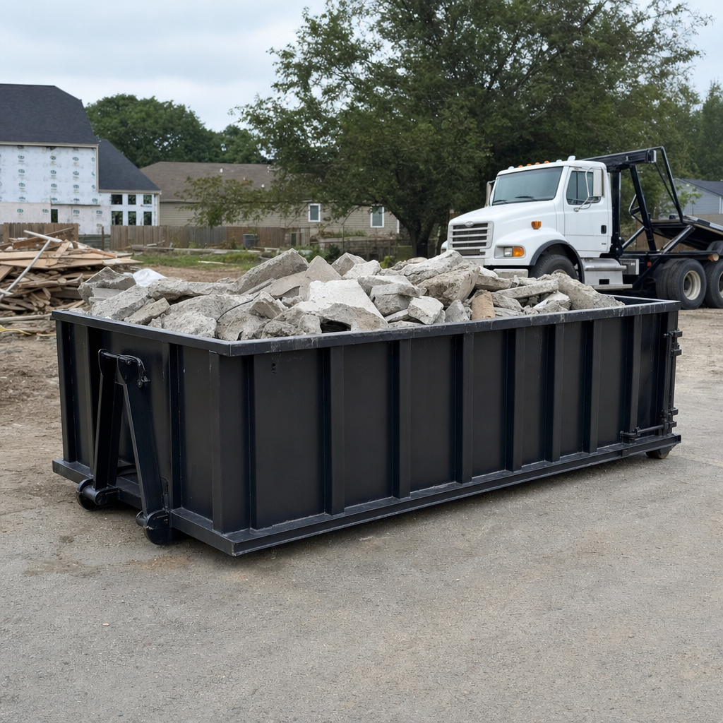 Low-profile matte-black lowboy roll-off dumpster loaded with broken concrete slab and rebar at a foundation tear-out in Battle Creek, skid steer parked beside it, sunny Colorado morning