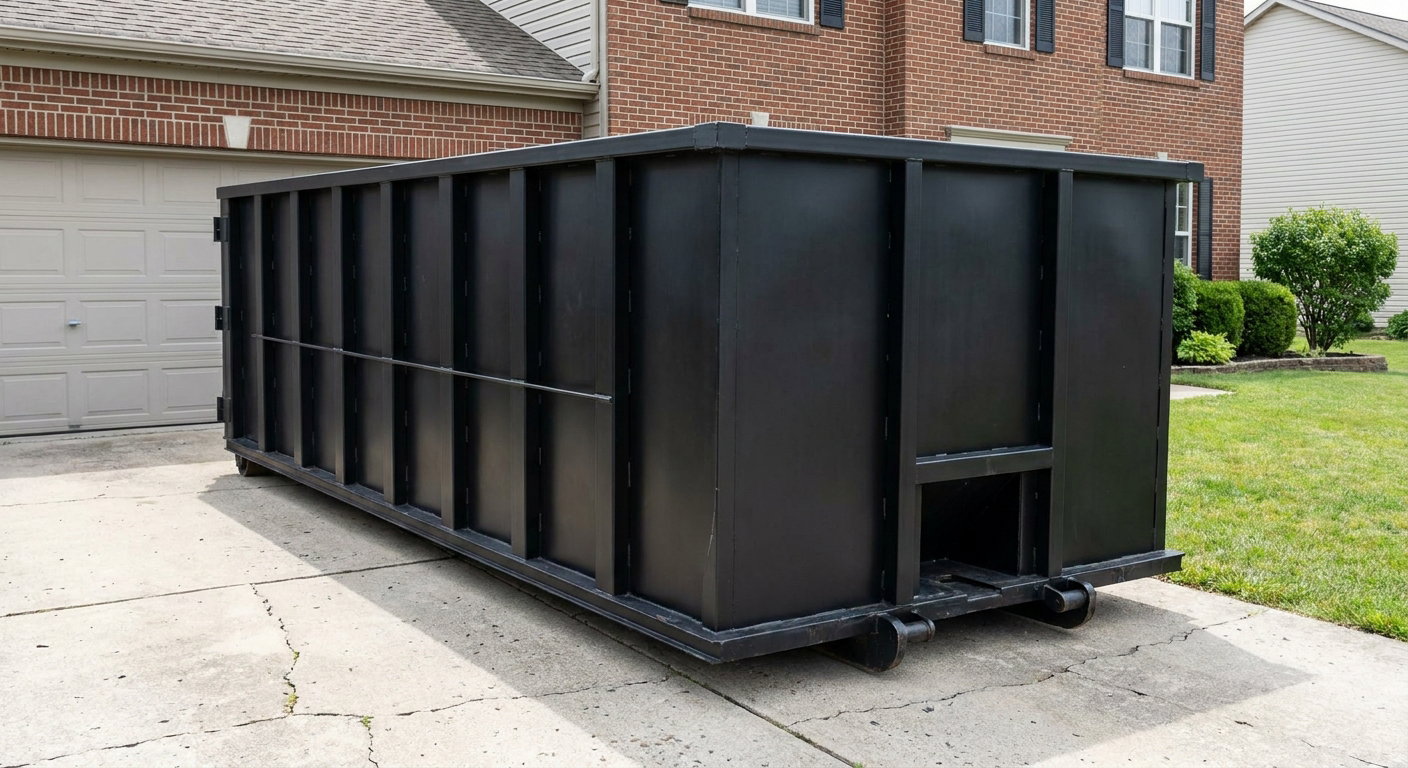 Matte-black 20-yard roll-off container on a Battle Creek residential concrete driveway with reinforced ribbed steel sidewalls and a hinged rear walk-in door, clean bright daylight.