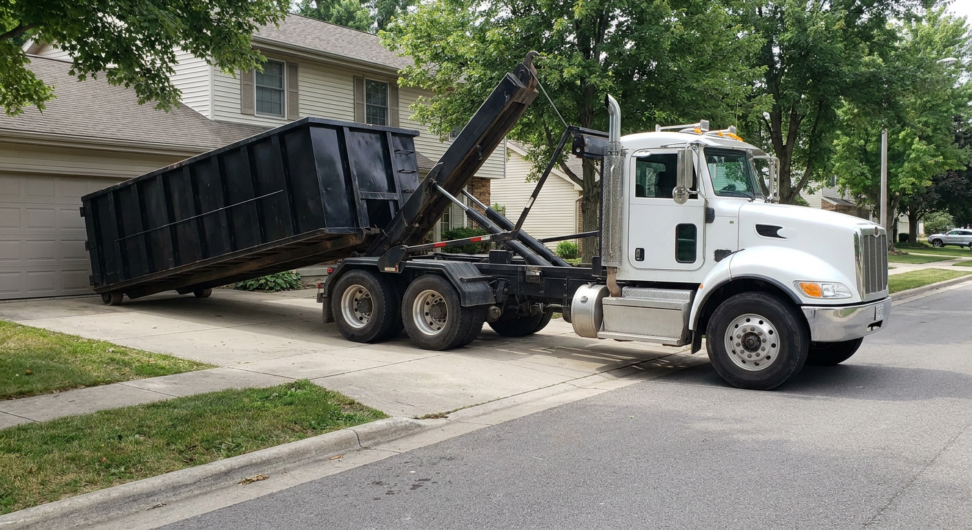 White-cab hooklift roll-off truck actively lowering a matte-black dumpster onto a Battle Creek residential concrete driveway, the dumpster's rear wheels touching the driveway as the hoist arm tilts the bed forward, mid-morning daylight.