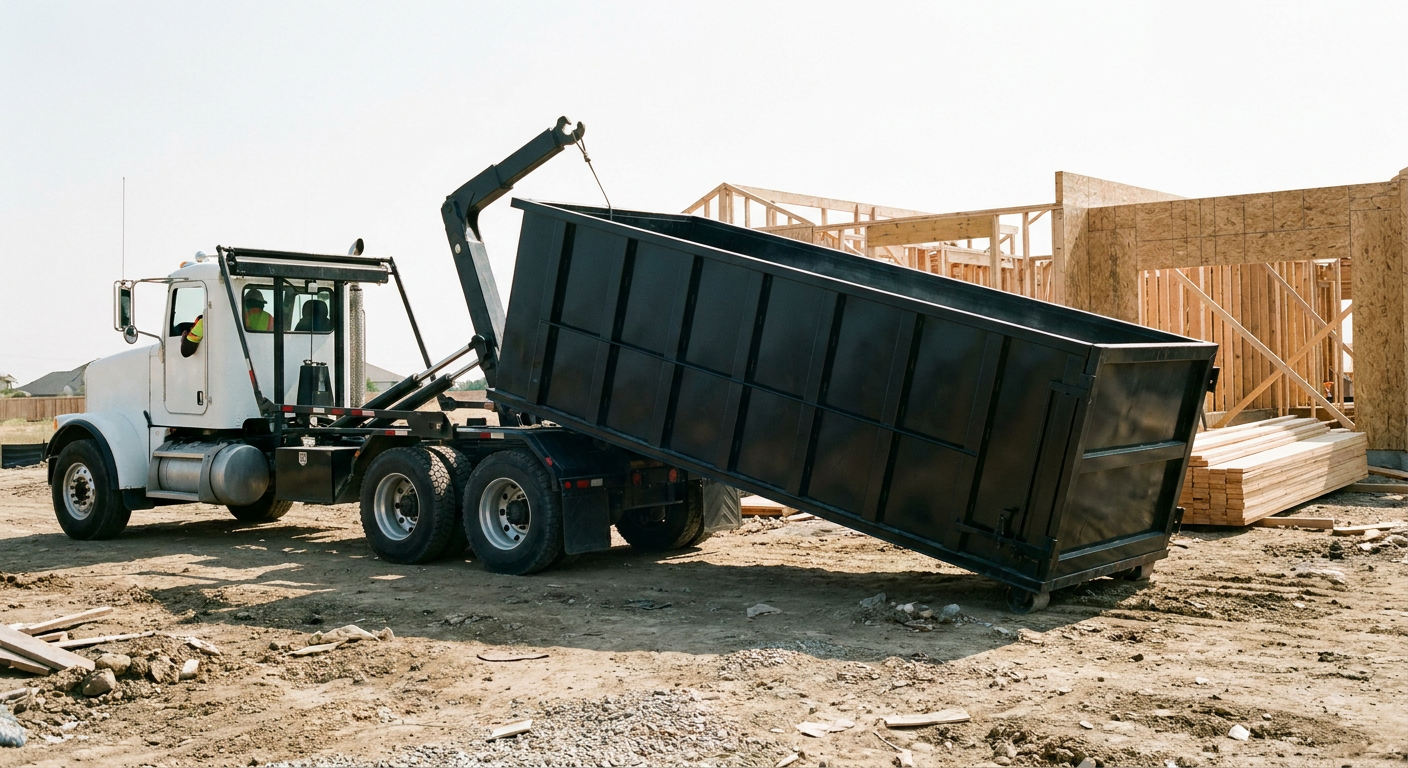 Matte-black roll-off dumpster being delivered onto a clean residential concrete driveway in Battle Creek by an unmarked white hooklift hauler truck, bright morning daylight, documentary 35mm perspective.