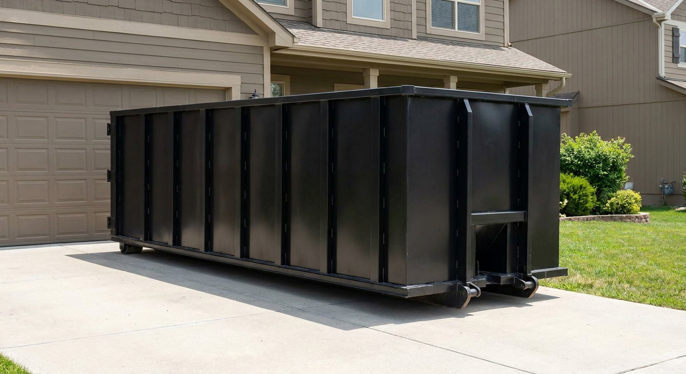 Matte-black residential roll-off dumpster sitting directly on a suburban Battle Creek concrete driveway, garage door closed, single-family home in background, bright morning daylight.
