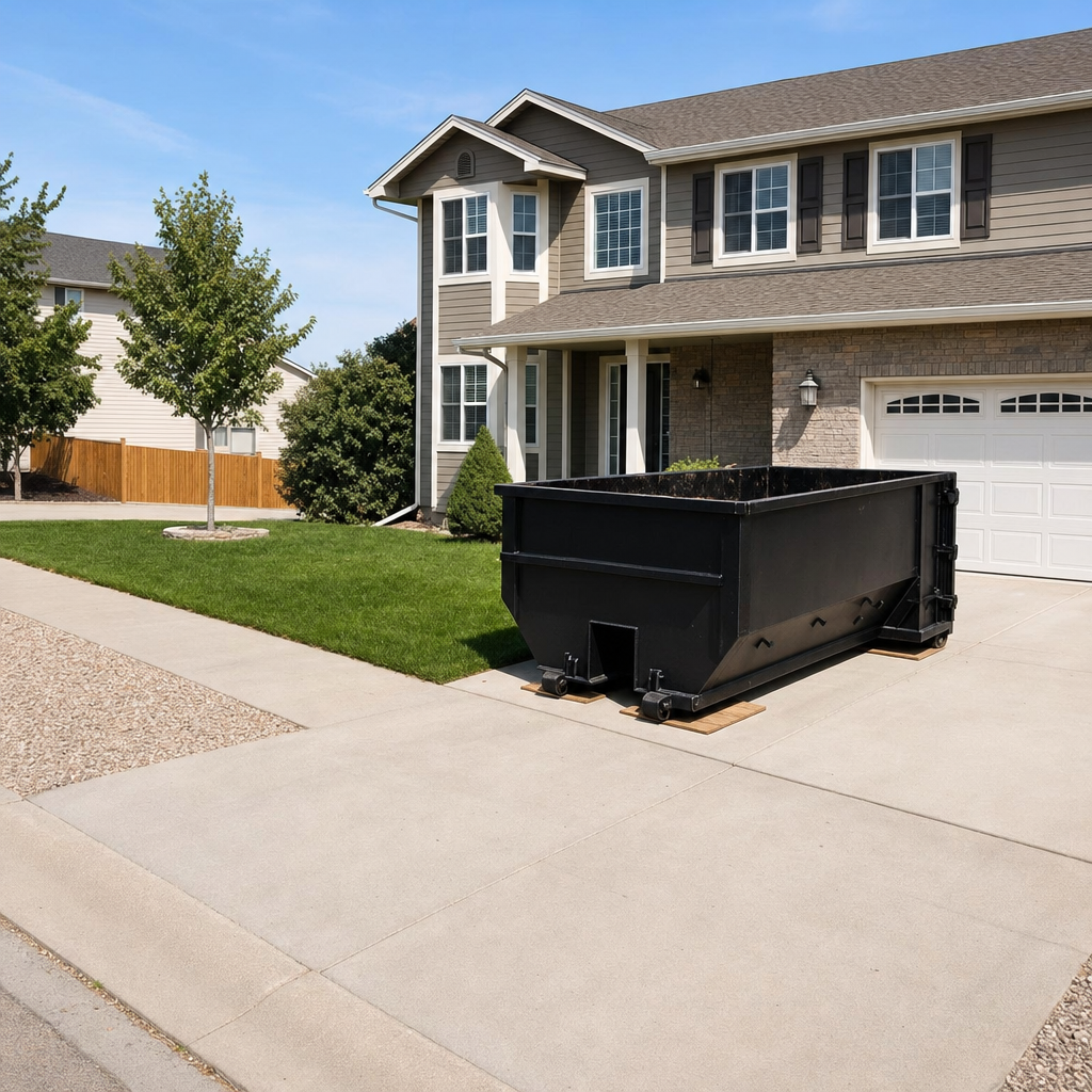10-yard matte-black residential dumpster placed directly on a narrow Battle Creek concrete driveway, room remains for a parked sedan beside it, mid-morning natural light