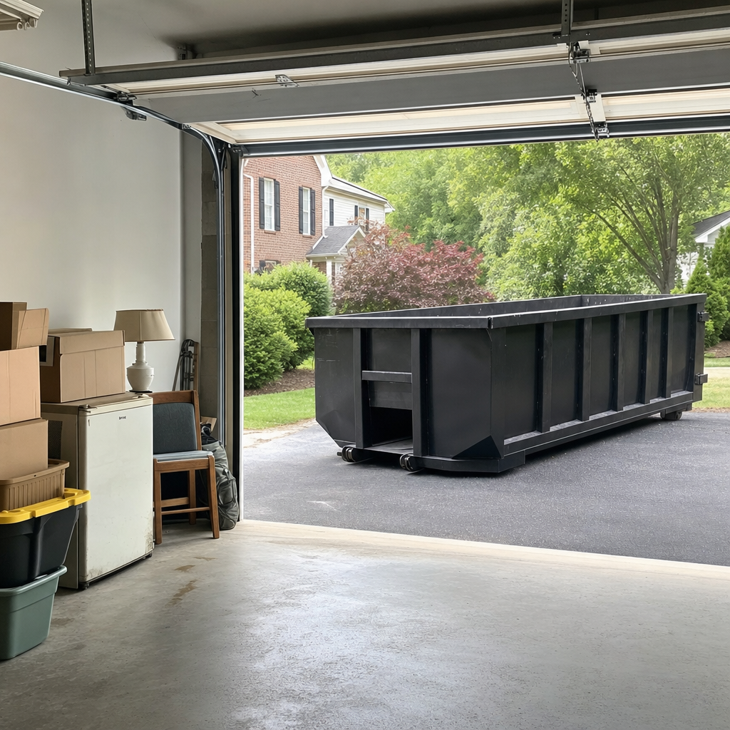 Open garage interior in a Battle Creek home mid-cleanout — boxed items, an old appliance, and stacked yard tools queued near the driveway for a matte-black roll-off dumpster, organized and calm