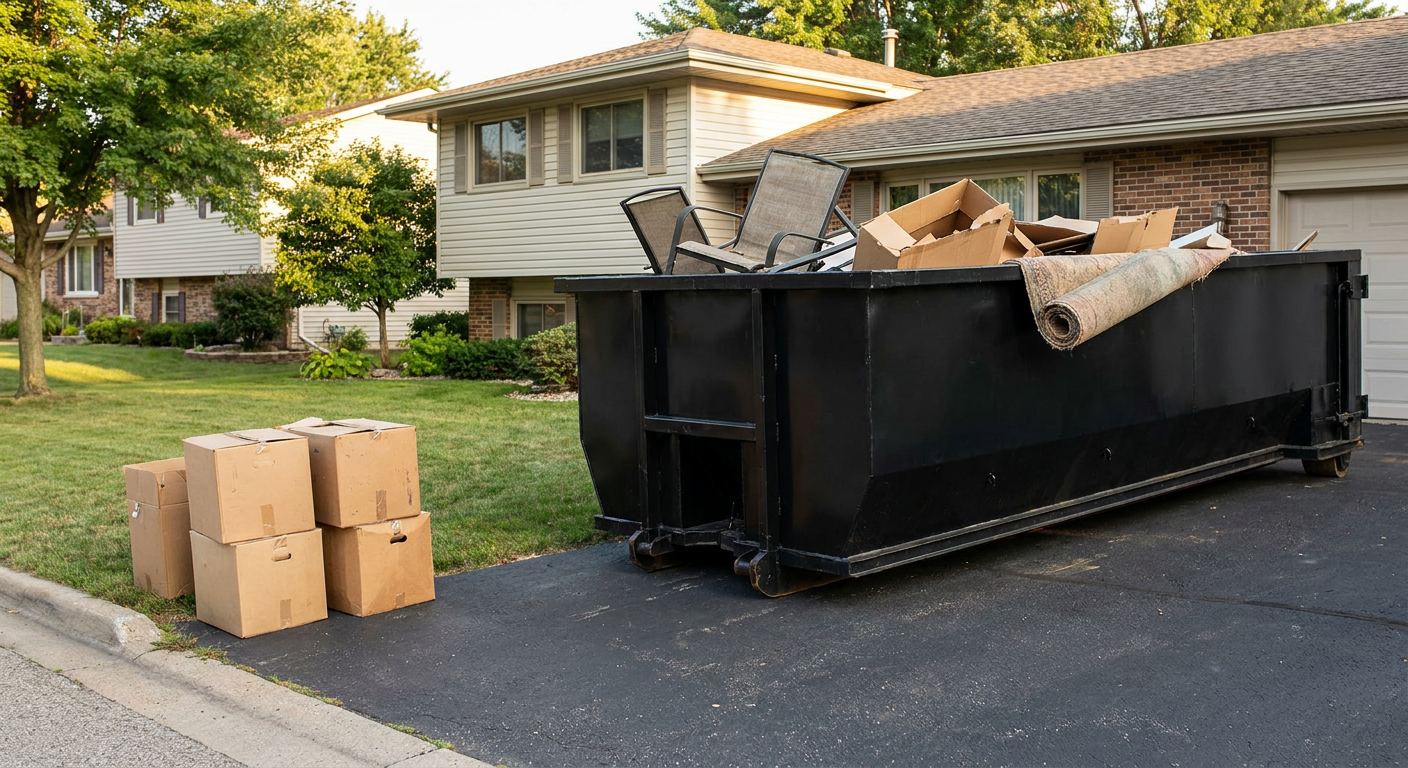 Front-yard view of a Battle Creek split-level home with a 20-yard matte-black roll-off dumpster sitting directly on the asphalt driveway, a few clearly labeled donation boxes staged at the curb, calm sunny afternoon.