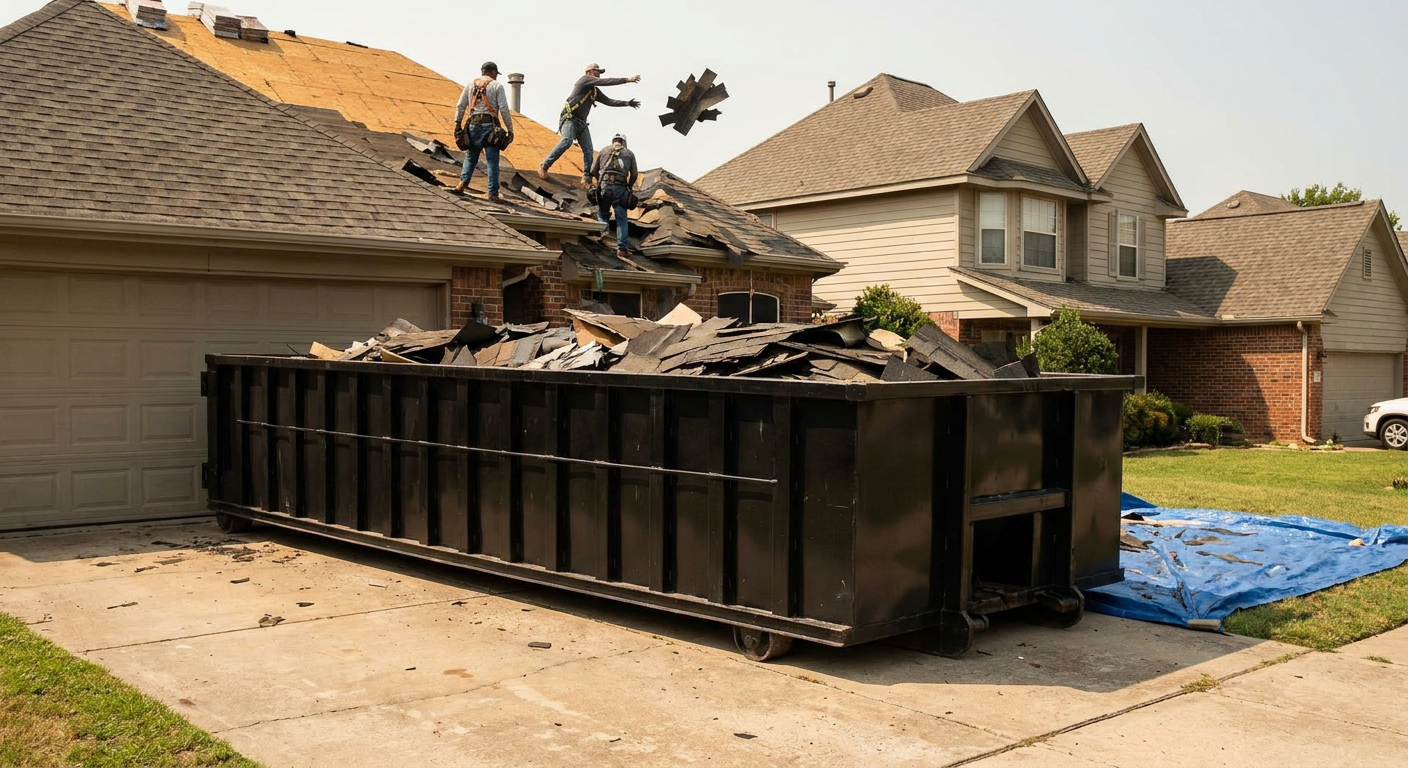 Matte-black roofing roll-off dumpster placed directly on a Battle Creek residential concrete driveway, a tear-off crew on a two-story asphalt-shingle roof tossing shingle bundles into the low-walled container, bright daylight, documentary 35mm perspective.
