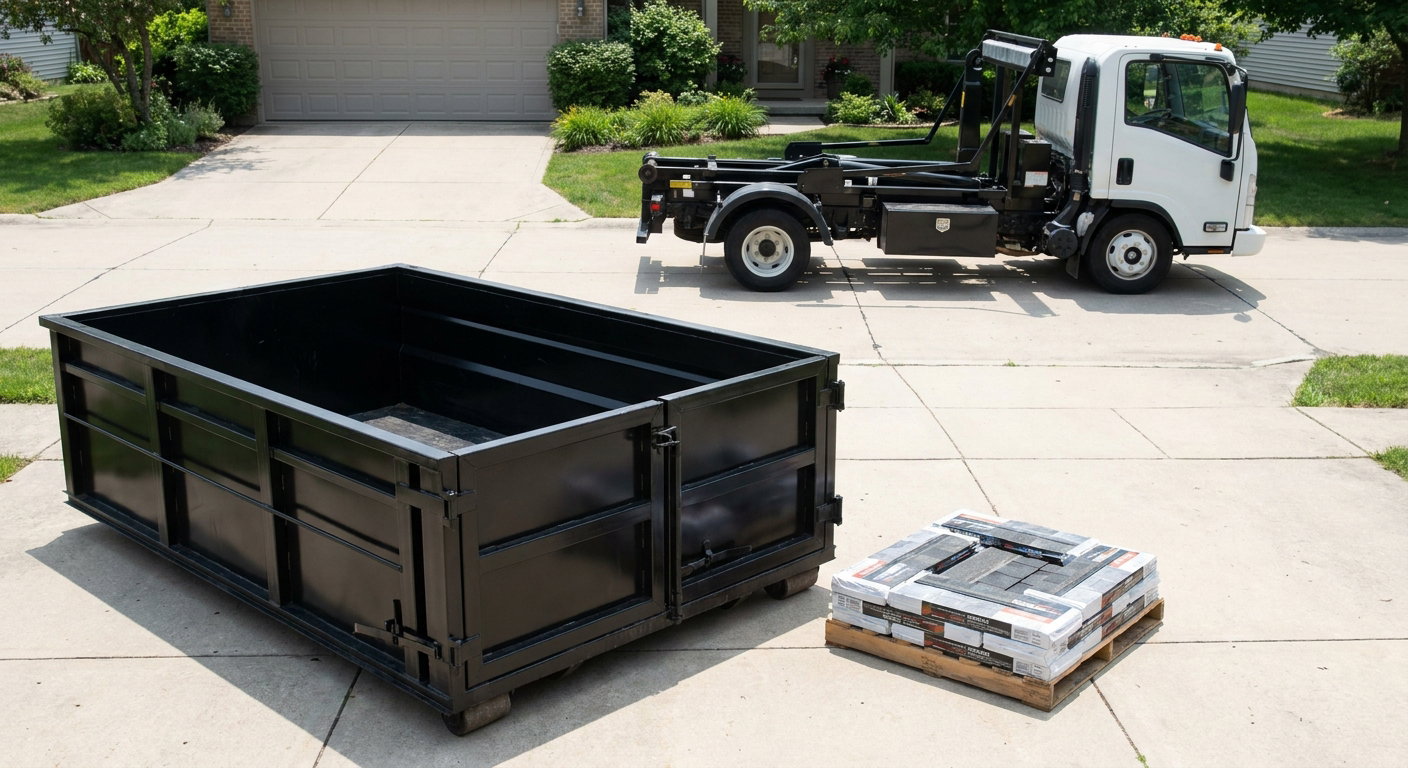 Matte-black 15-yard roofing roll-off dumpster with reinforced low side walls sitting directly on a Battle Creek residential concrete driveway, three-tab asphalt shingle bundles stacked nearby, an unmarked white hauler truck partially visible at the edge of the frame.