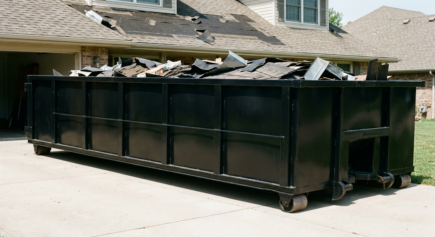 Matte-black 20-yard roofing roll-off dumpster with steel ribbed sides and swinging rear door, sitting directly on the concrete driveway of a two-story Battle Creek home, asphalt shingle debris being loaded over the low wall, clean documentary lighting.