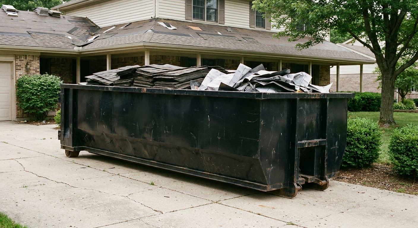 Matte-black 30-yard roofing roll-off dumpster sitting directly on a Battle Creek concrete driveway, taller ribbed steel side panels, mixed tear-off debris of asphalt shingles and underlayment inside, professional documentary daylight.