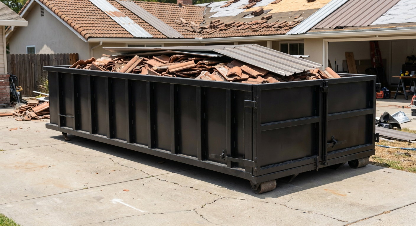 Matte-black low-wall heavy-debris roofing roll-off dumpster sitting directly on a Battle Creek concrete driveway, broken concrete clay roof tiles and metal panel sections loaded inside, reinforced ribbed steel side walls visible, bright outdoor daylight.