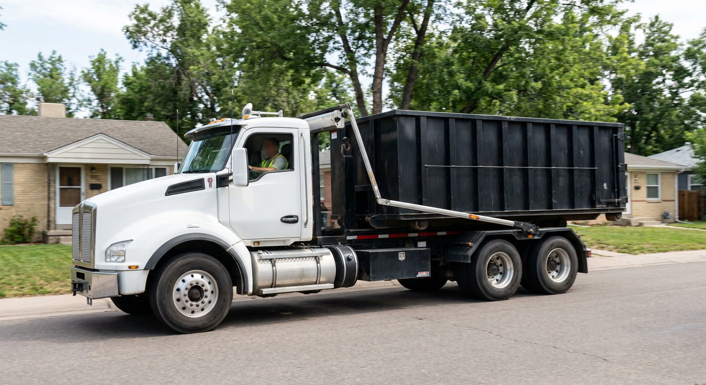 A wide documentary shot of a matte-black roll-off delivery truck pulling onto a quiet Battle Creek residential street at mid-morning, with neighborhood rooftops and tree-lined blocks visible behind, showing the metro coverage footprint.