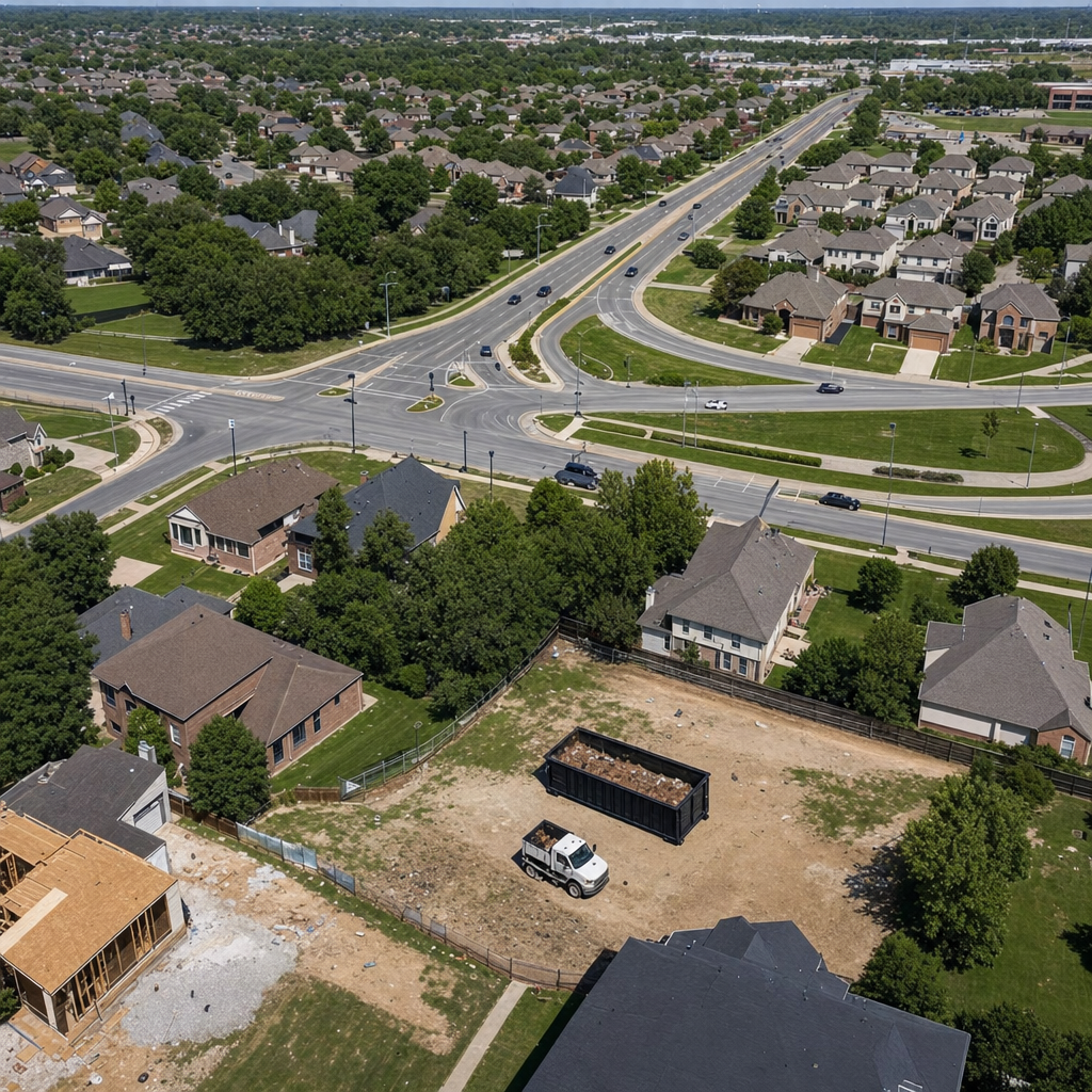An overhead documentary view of the Battle Creek metro area at midday, showing the spread of neighborhoods, arterial roads, and the dispatch radius from a central yard — clean daylight, organized geographic layout.