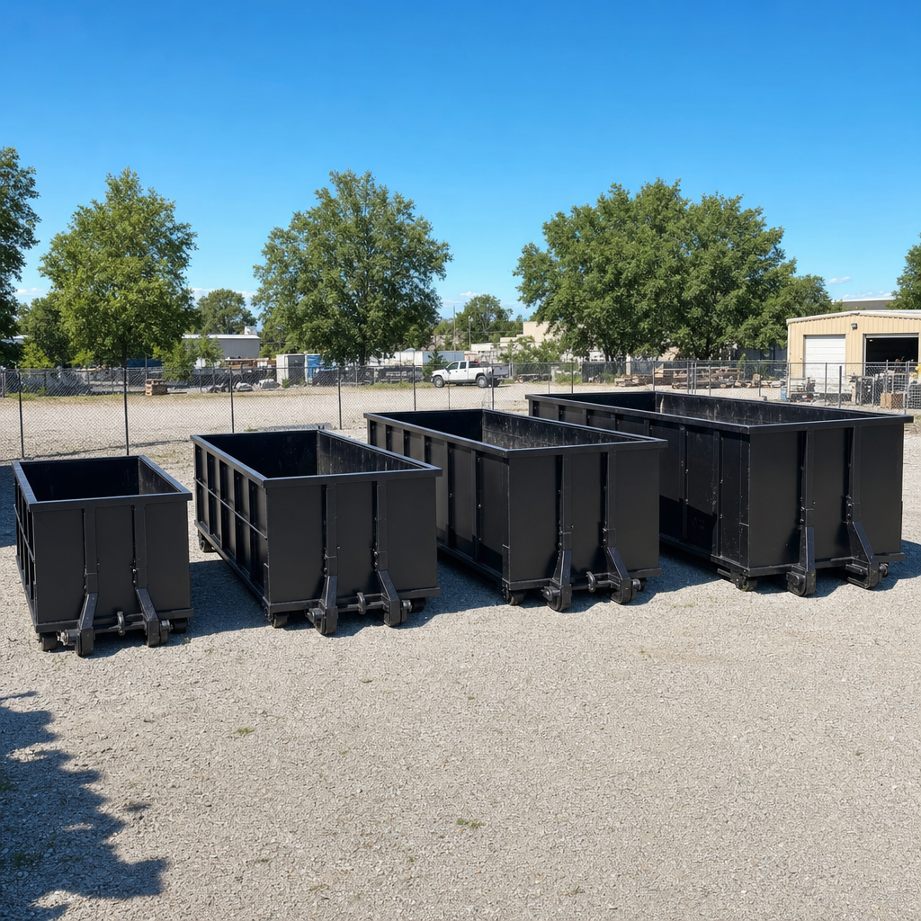 A clean lineup of matte-black roll-off dumpsters in 10, 20, 30, and 40-yard sizes staged on a sunlit gravel yard in Battle Creek, showing the size progression from compact to commercial-scale containers.