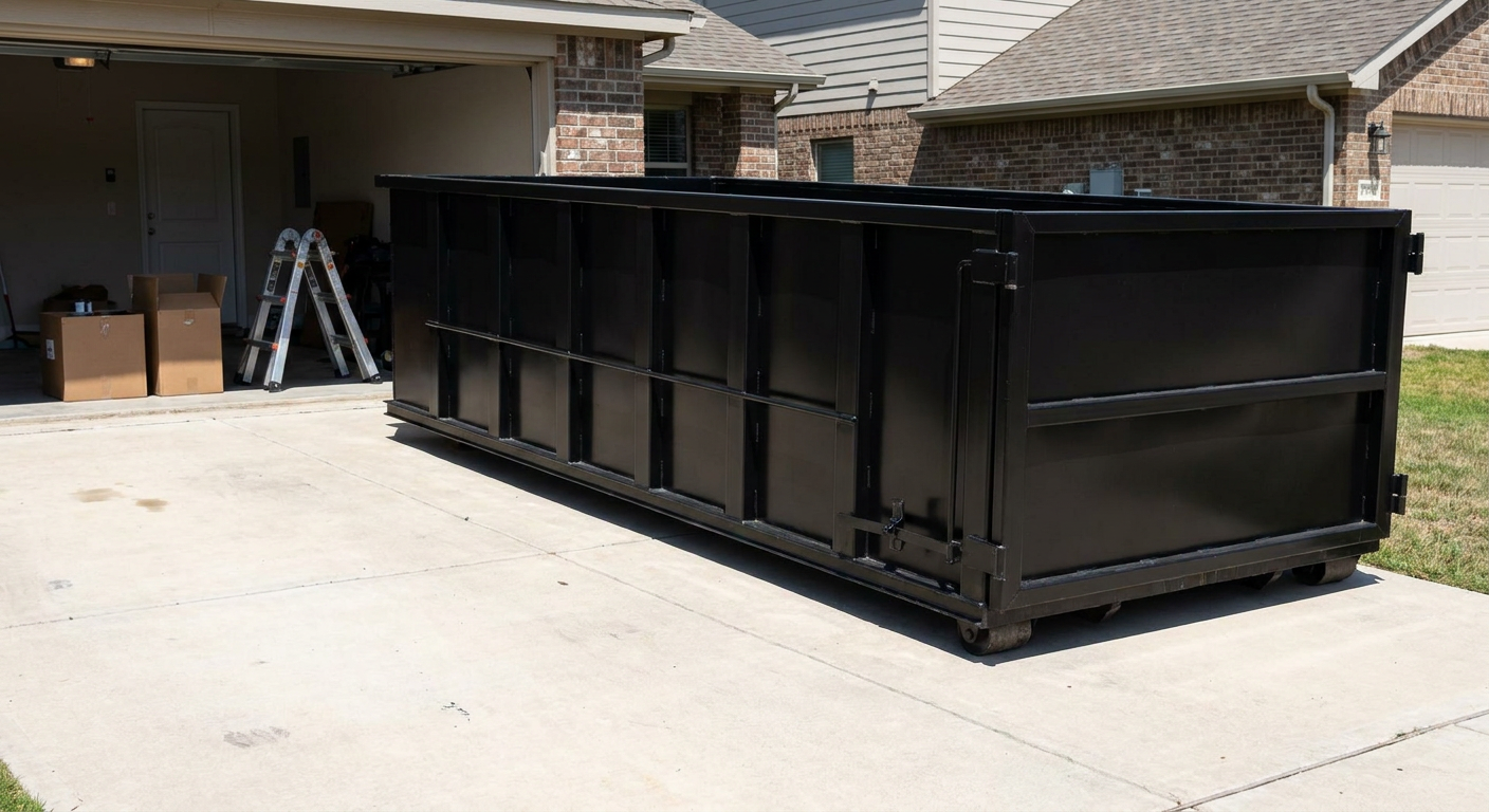 A matte-black 10-yard roll-off dumpster sitting directly on a residential Battle Creek concrete driveway, mid-day sunlight, clean and ready for a garage cleanout.