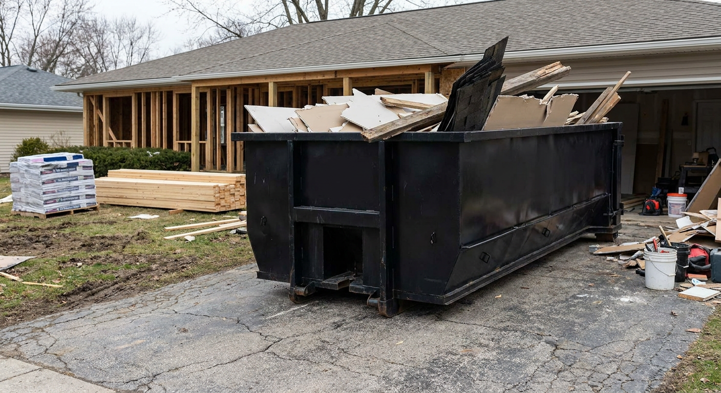 A matte-black 20-yard roll-off dumpster placed alongside a mid-renovation Battle Creek home directly on the asphalt driveway, with framing materials and torn-off shingles staged neatly nearby.