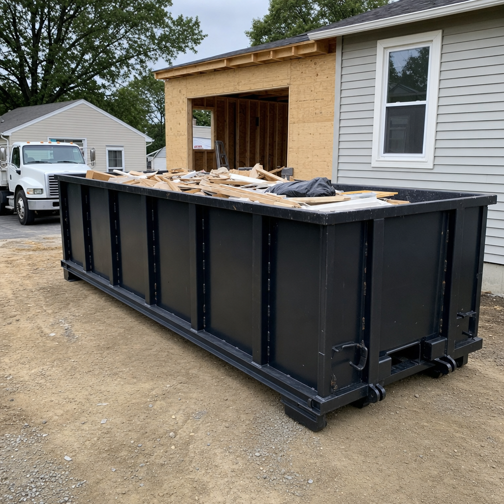 A matte-black 30-yard roll-off dumpster positioned at a Battle Creek residential addition jobsite, with framing lumber and drywall scraps loaded through the open swinging rear doors.
