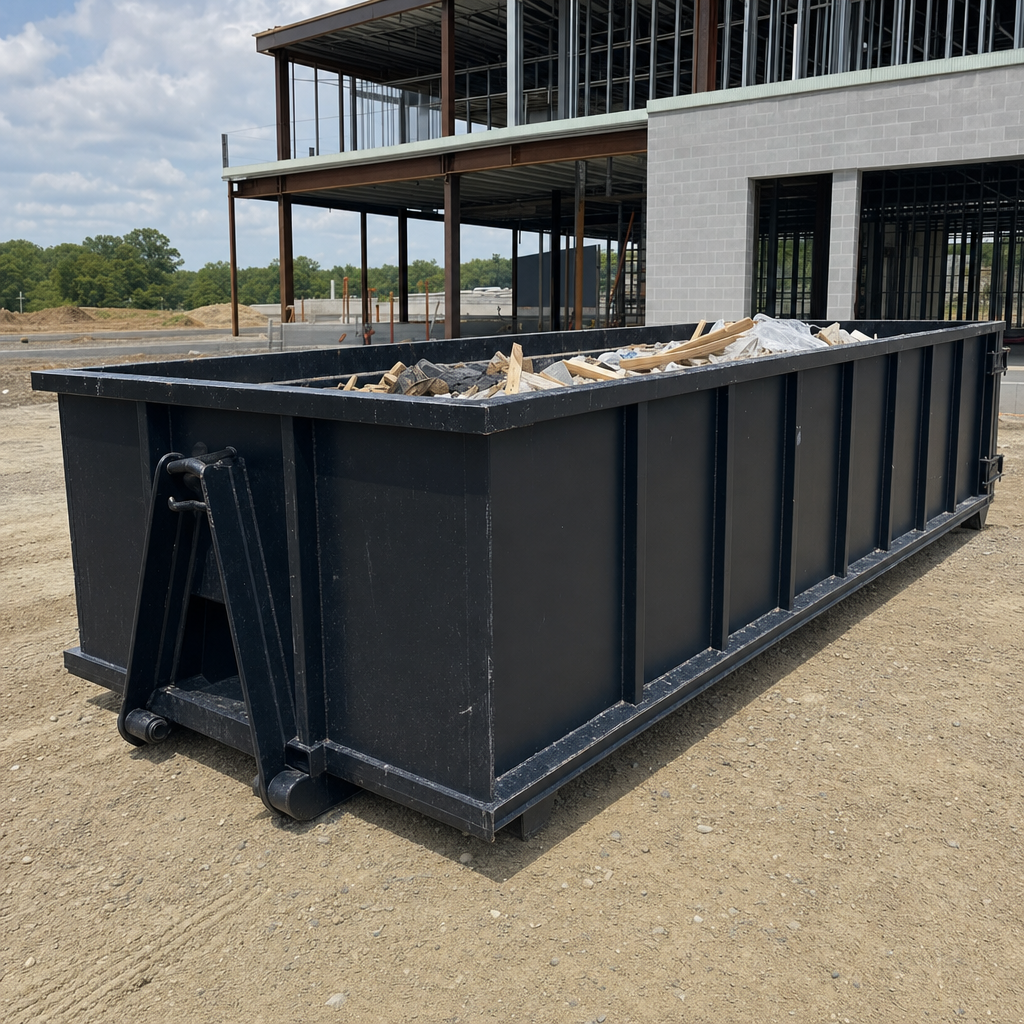 A matte-black 40-yard roll-off dumpster staged on a large Battle Creek commercial construction lot, with a hooklift delivery truck parked alongside under bright midday sky.