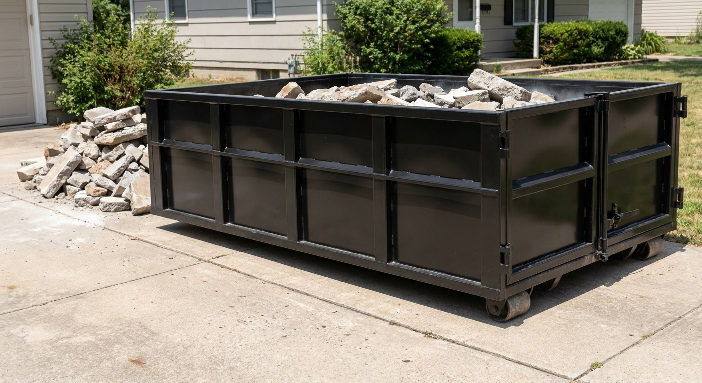 A matte-black low-side heavy-debris roll-off dumpster placed directly on a Battle Creek concrete driveway, with broken concrete chunks neatly stacked beside it under clean daylight.